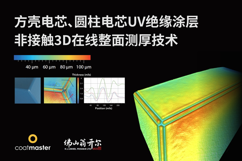 方壳电芯、圆柱电芯UV绝缘涂层非接触3D在线整面测厚技术